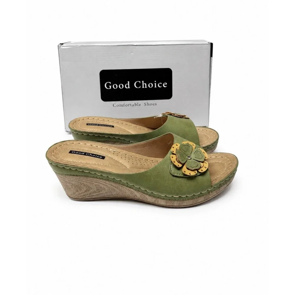 Good Choice Women's Naples Flower Wedge Sandals Size 8.5 Green Tan